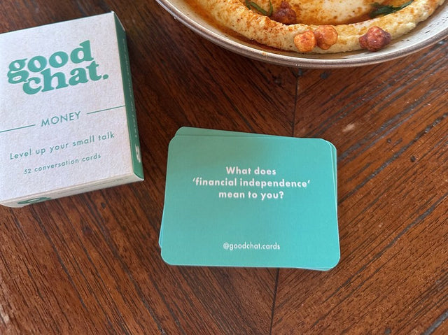 Money conversation card asking what financial independence means to you, beside a brunch plate