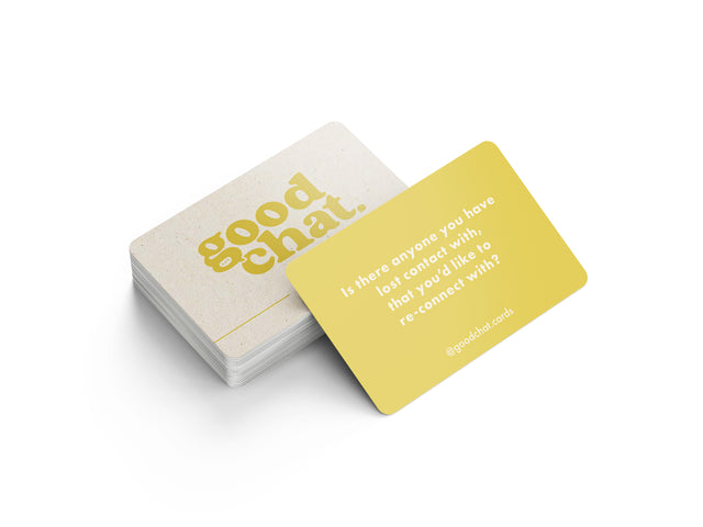 Two Good Chat Death conversation cards with questions about death and legacy, yellow deck
