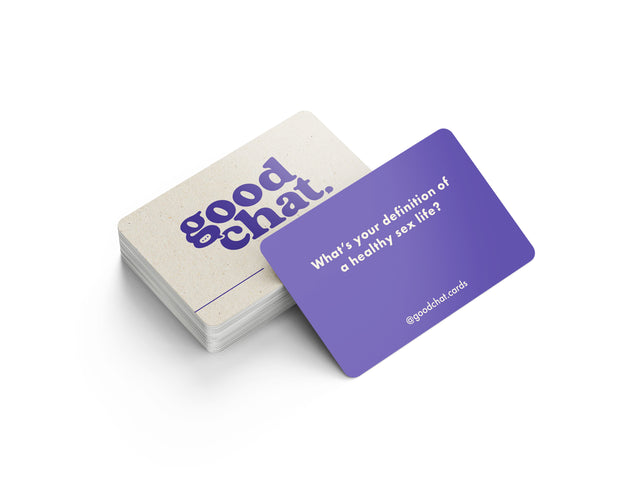 Two Good Chat Sex conversation cards with questions about intimacy, purple deck