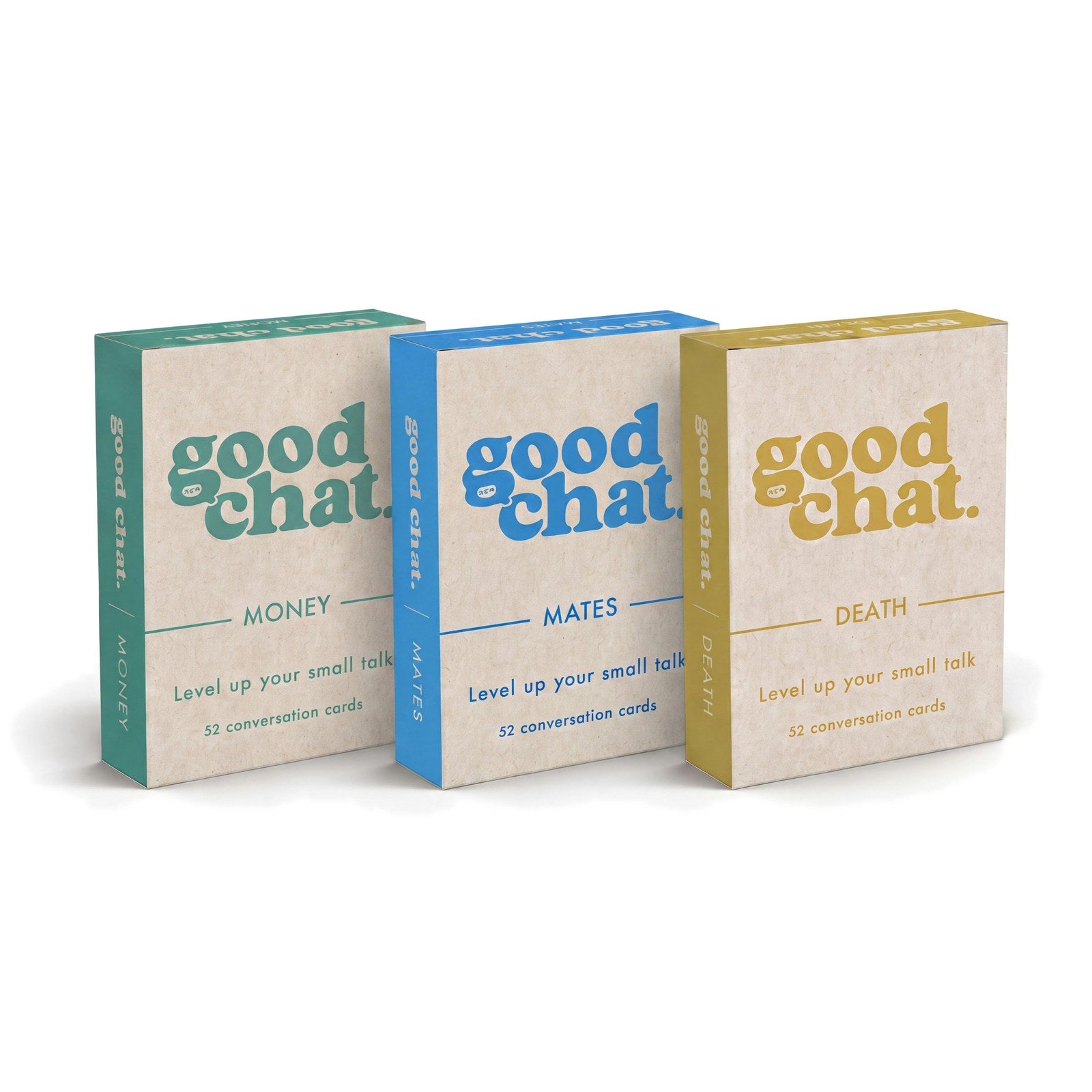 Anti-Surface-Level Friendships bundle with the Mates, Money and Death conversation card decks standing in a row