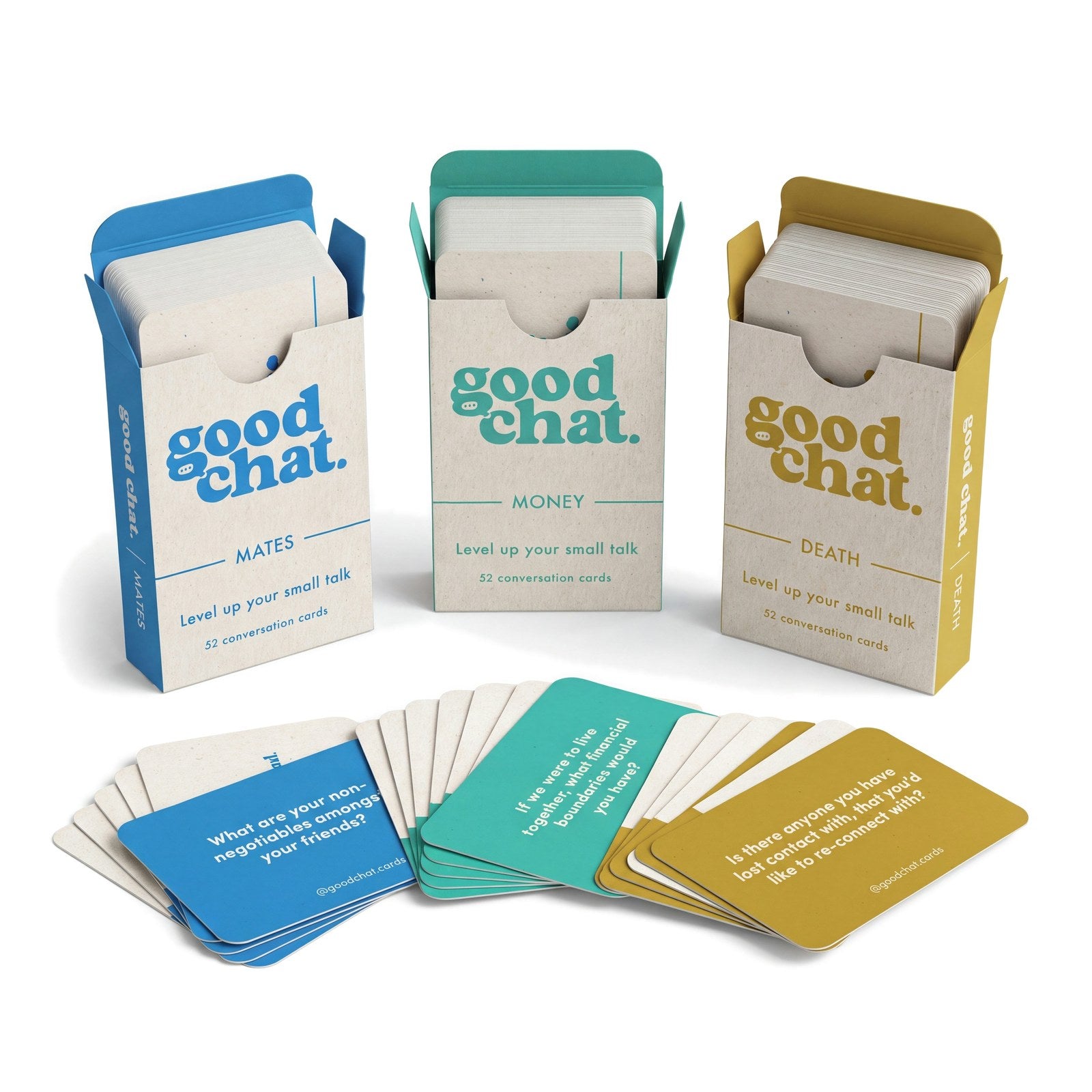 Open Mates, Money and Death decks with conversation cards fanned in front showing deep questions for friends