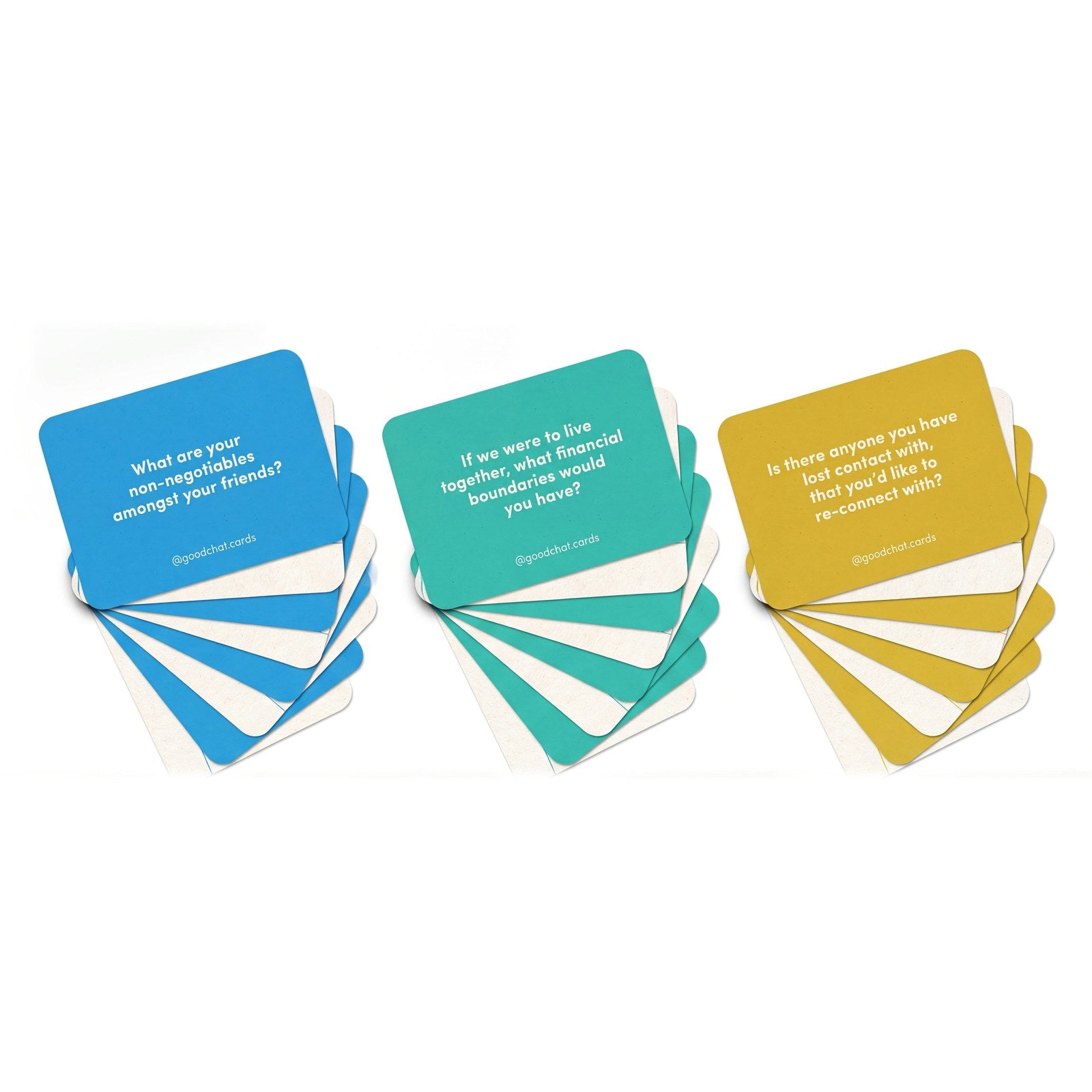 Three fans of Mates, Money and Death conversation cards with icebreaker questions for friends