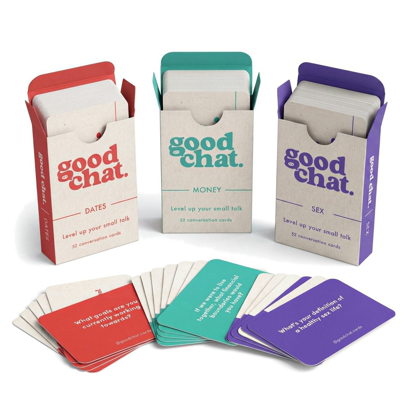 Open Dates, Sex and Money decks with conversation cards fanned in front showing icebreaker questions