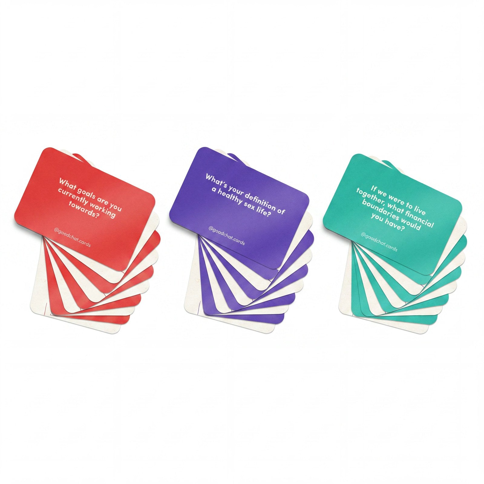 Three fans of Dates, Sex and Money conversation cards with deep question prompts for couples